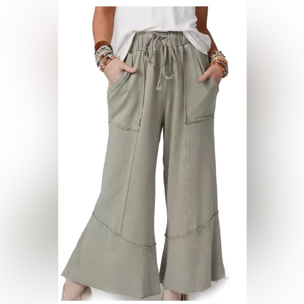 Three Bird Nest Olive Green Wide Leg Pants with Pockets